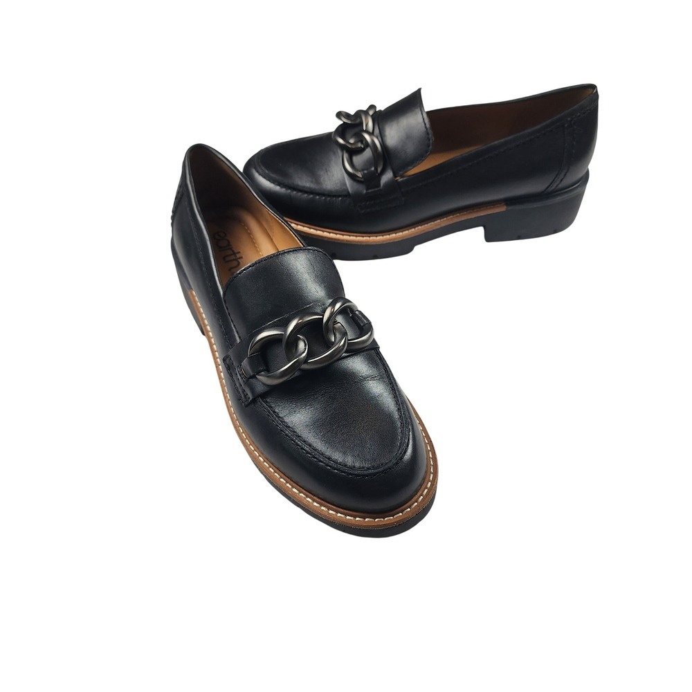 Earth Black Leather Chain Link Lug Sole Platform Loafers Shoe Womens 9.5M Grunge